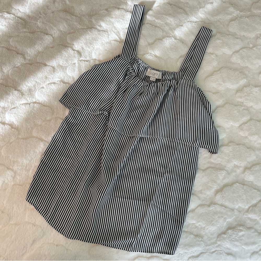 NEW LOFT Black and White Striped Ruffle Tank Top XS